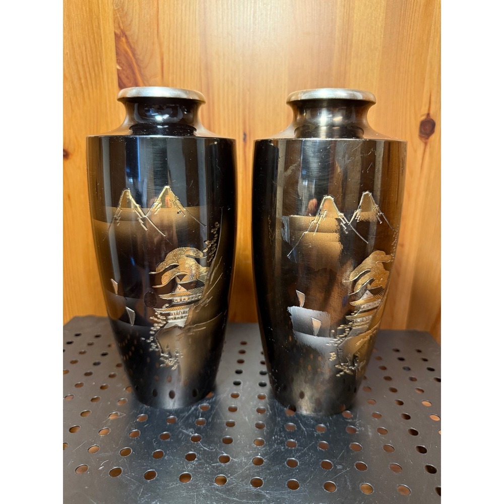 Vintage Japanese Mixed Metal Vase Pair Mt Fuji Pagoda Landscape Bronze Gold Tone